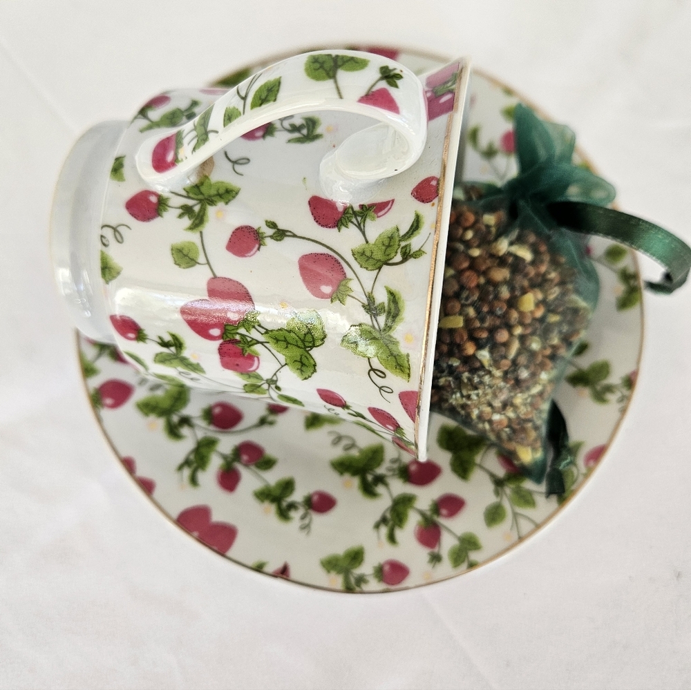 Teacup and Saucer Strawberries Gold Trim Bird Feeder With Small Bag Of Birdseed